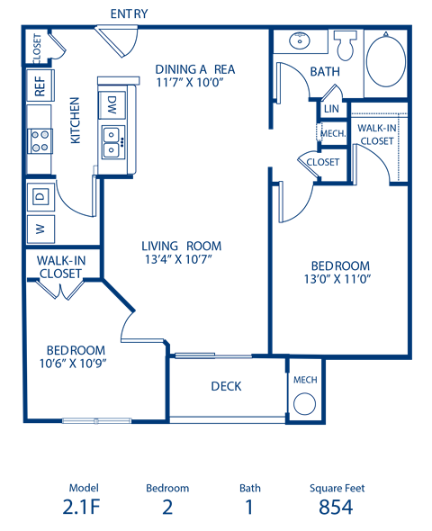 Floor plan for 2 beds, 1 bath, 854 sqft
